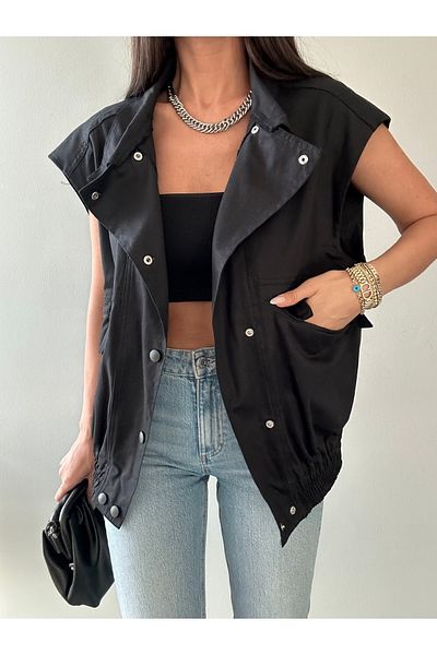 LB Laluna Butik Women's Special Design Pocketed Oversize Molded Gabardine Fabric Vest