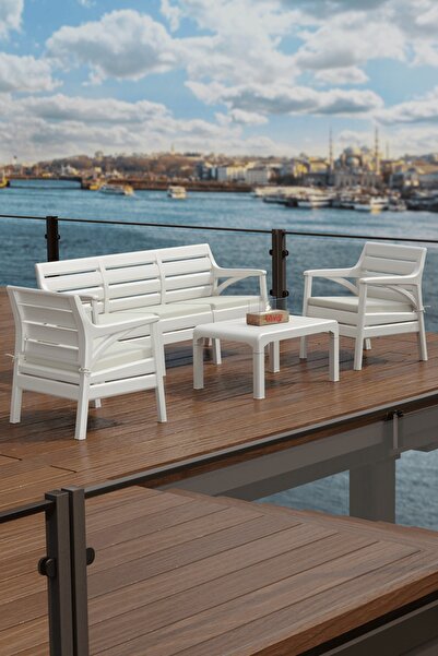 Holiday Hawai 5 Kişilik Bahçe, Balkon Teras Minderli Plastik Oturma Grubu Koltuk Takımı Beyaz