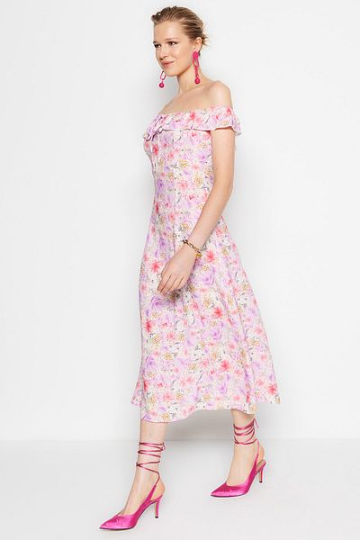 Trendyol Collection Rochie midi mov cu decolteu Carmen cu imprimeu floral - TWOSS23EL01243