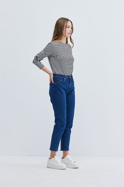 LAMİRA Albastru bleumarin Mom Jean elastic cu talie înaltă
