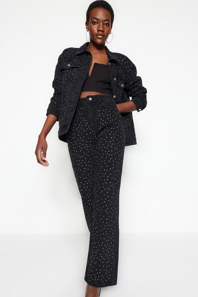 Trendyol Collection Fekete strasszos magas derekú széles lábú farmernadrág TWOAW23JE00442