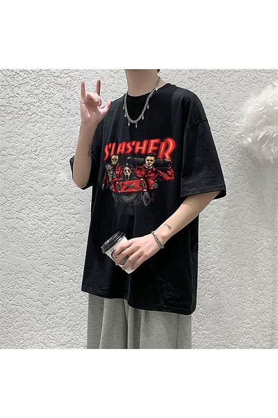 Touz Niiss Boutique - Unisex Black Oversize T-shirt - Red Slasher