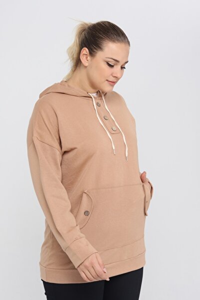 tarzımsüper Γυναικεία φούτερ με κουκούλα καγκουρό με κουκούλα Lycra με λεπτομέρεια μακριά φούτερ με κουκούλα μπεζ