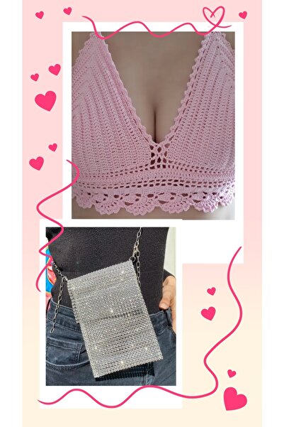 SOUL BY A&B Hand Knitted Crop And Handmade Shiny Bag Suit Bustier Pink Blouse...