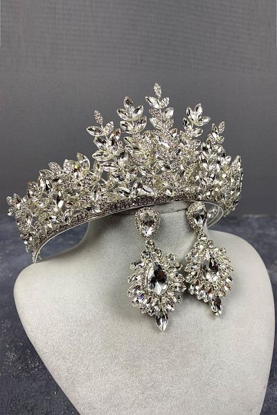 Hobigram Set de coroană de mireasă și cercei cu picătură din argint Sezen Model 3D Henna – Coroană, piatră de cristal, model elegant