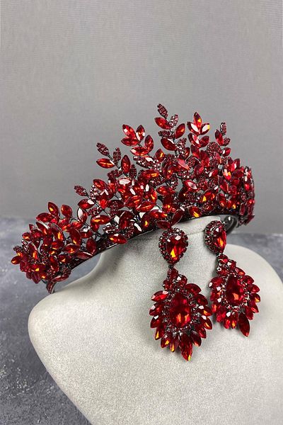 Hobigram Set de coroană de mireasă și cercei cu picătură roșu Sezen Model 3D Henna – Coroană, piatră de cristal, modă elegantă