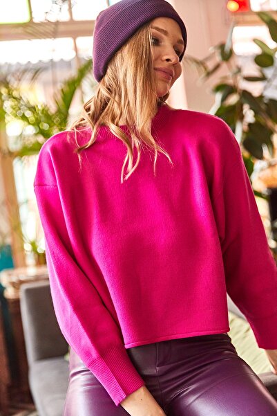 Olalook Kadın Fuşya Bisiklet Yaka Yarasa Crop Triko Kazak KZK-19000576