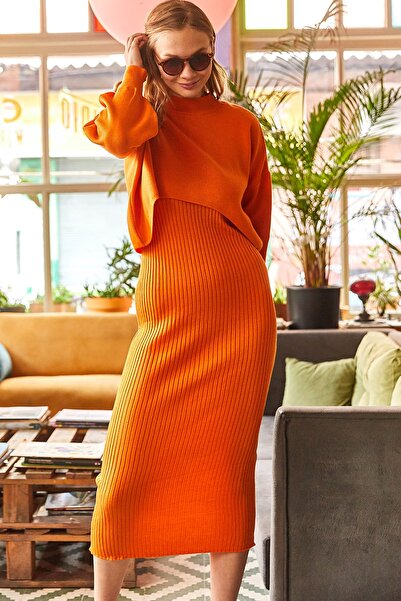 Olalook Kadın Turuncu Üst Crop Kazak Alt Askılı Elbise Triko Takım TKM-19000176