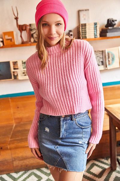 Olalook Dicker Strickpullover mit weicher, strukturierter Kordel für Damen in Bonbonrosa, kurz, KZK-19000577