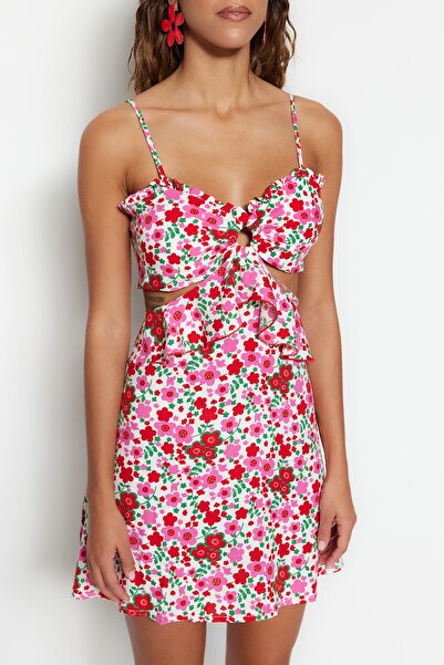 Trendyol Collection Strandruha virágmintás mini szövésű kivágott/ablakos ruha TBESS21EL1054