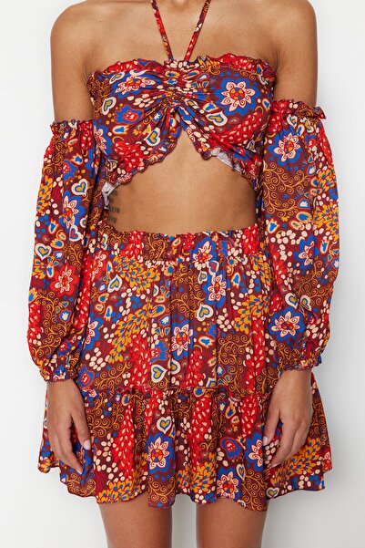 Trendyol Collection Floral Patterned Woven Frilly Beach Blouse Skirt Suit Tbess21Au0539