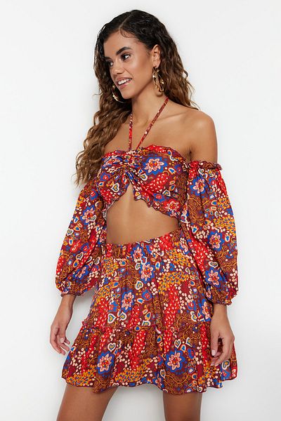 Trendyol Collection Floral Patterned Woven Frilly Beach Blouse Skirt Suit Tbess21Au0539
