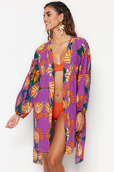 Trendyol Collection Ethnisch gemusterter Mini-Kimono und Kaftan aus 100 % Baumwolle mit gewebten Ballonärmeln und Gürtel