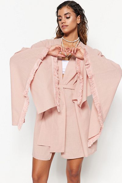 Trendyol Collection Béžový pásek Mini tkaný střapec 100% bavlna Kimono&Kaftan TBESS23KM00017