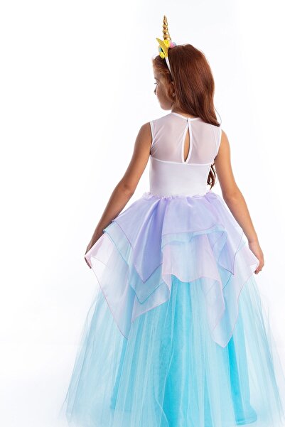 Tameris Kostüm Unicorn Elbise Turkuaz Organze Katlı - Kız Çocuk Parti Ve Doğum Günü Kostümleri