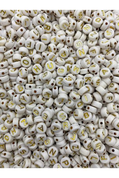 Hobimos 50gr Letter Beads, 4x7mm Gold on Flat White / Golden Yellow Gilt (50gr,~345 Pieces)