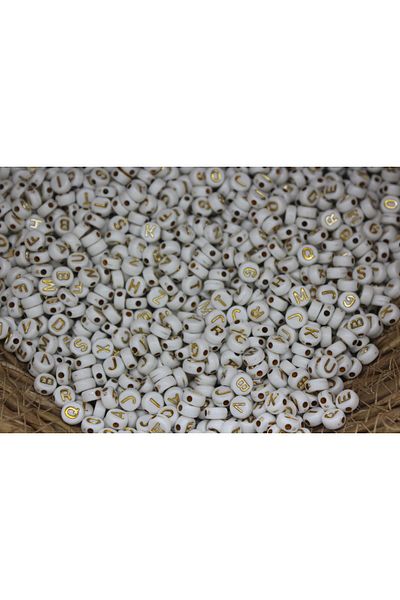 Hobimos 50gr Letter Beads, 4x7mm Gold on Flat White / Golden Yellow Gilt (50gr,~345 Pieces)
