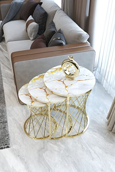 HAUSEV Hasır C Model Zigon Sehpa (gold Hasır Sarı Mermer Temperli Cam )