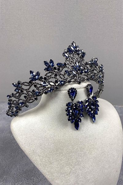 Hobigram Set de coroană de mireasă și cercei subțiri Melissa Model bleumarin – Coroană, piatră de cristal, model elegant – Coroană