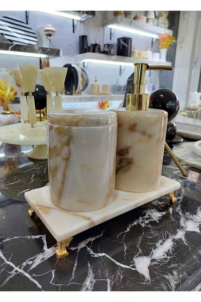 Sümeyra Marble Art Light Sugar - Natural Yellow Moire Marble Bathroom Set 3 Pieces | Gold Footed |