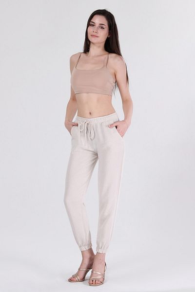 MD trend Women's Stone Waist Lace-up Elastic Leg Linen Trousers