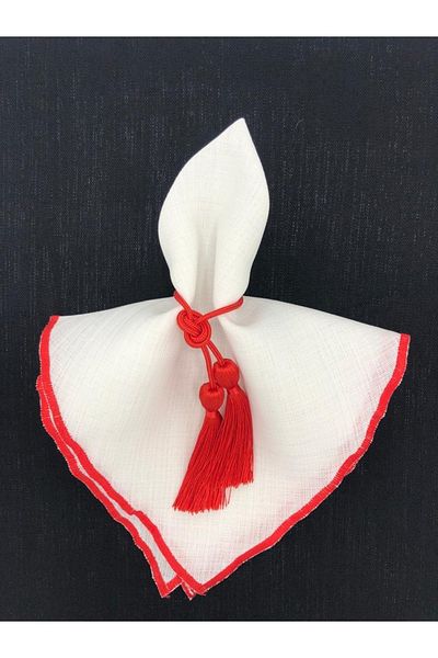 KATMERTEKS 8 Pieces Coral Red Napkin Ring with Tassel Tie Model