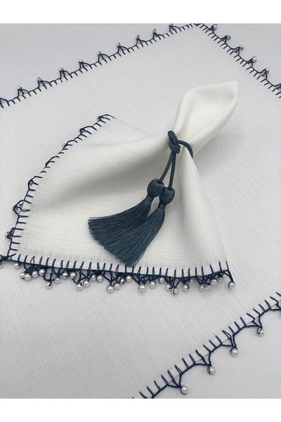 KATMERTEKS 8 Pieces Petrol Blue Napkin Ring with Tassel Tie Model