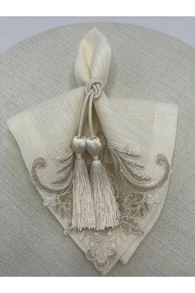 KATMERTEKS 10 Pieces Cream Napkin Ring with Tassel Tie Model
