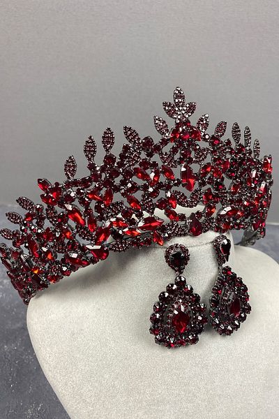 Hobigram Set de coroană de mireasă și cercei cu model de frunze Sena model burgundy – Coroană, piatră de cristal, model elegant – Coroană