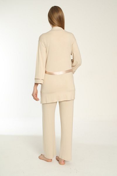 Miss Dünya Lissa Beige Breastfeeding Maternity and Pregnant Pajamas Set with Dressing Gown