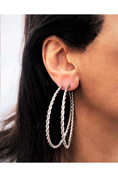 TÜKKAN ACCESSORİES Gümüş Kaplama Kalın Burgu Model 60 Mm Halka Küpe-00hk94