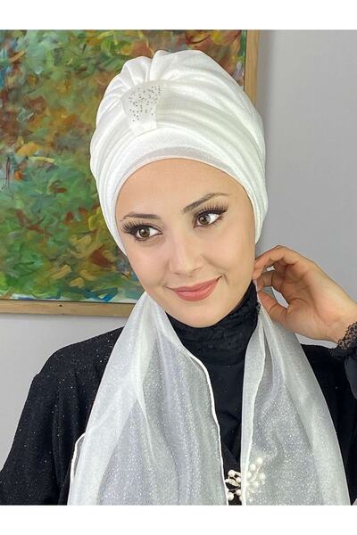 BUTİKAMBAR Hürrem Beyaz Tek Biritli Simli Atkılı Bone