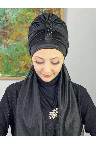 BUTİKAMBAR Hürrem بونيه أسود واحد مع وشاح لامع