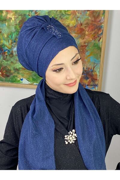 BUTİKAMBAR Hürrem Lacivert Tek Biritli Simli Atkılı Bone