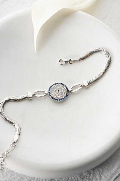 Nereze 925 Ayar Gümüş Balık Sırtı Model Zincirli Nazar Bileklik