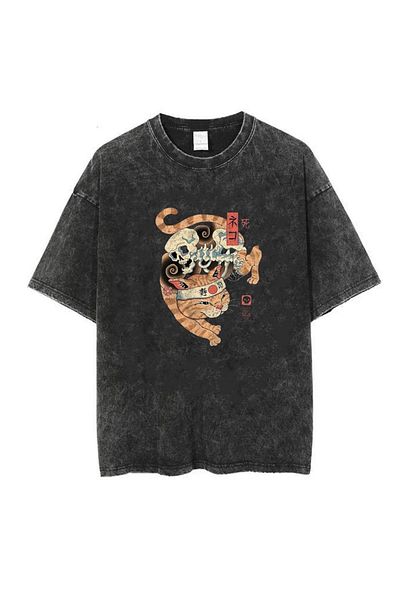 Touz Unisex Washable Skeleton Cat Vintage T-shirt