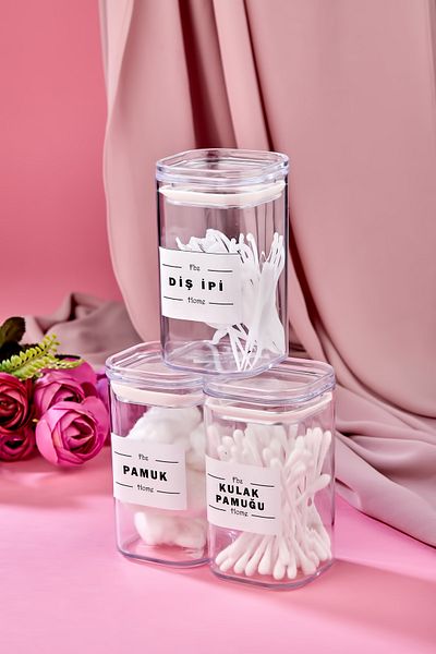 FBZhome 3-Piece Acrylic Dental Floss & Ear Cotton & Cotton Bath Set with Lid 250 Ml