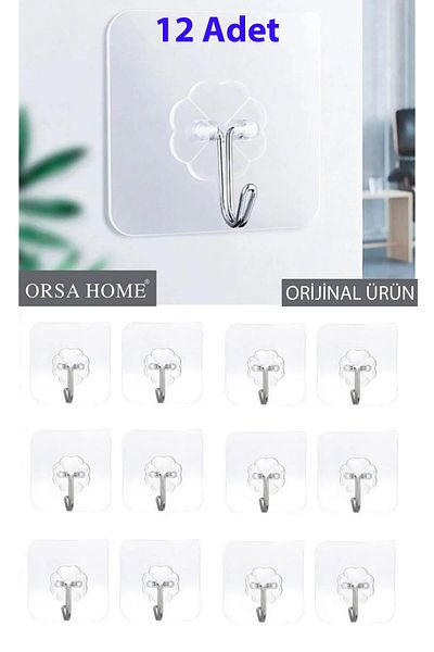 ORSA HOME 12 τμχ 6x6 cm Διάφανη αυτοκόλλητη αδιάβροχη δυνατή κρεμάστρα με γάντζους