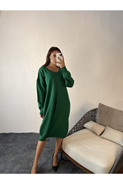 Ece Triko V Yaka Elbise Yeşil