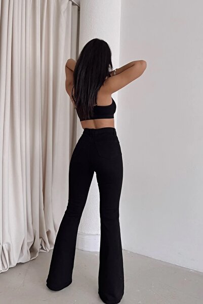 Trn JNS Alissa Gold Black Flared Jeans Flared Leg Denim Trousers High Waist Loose (Extra Comfortable)