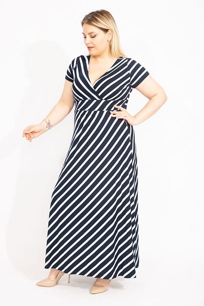 Şans Women's Large Size Navy Blue Wrap Collar Bias Striped Dress 65n35533
