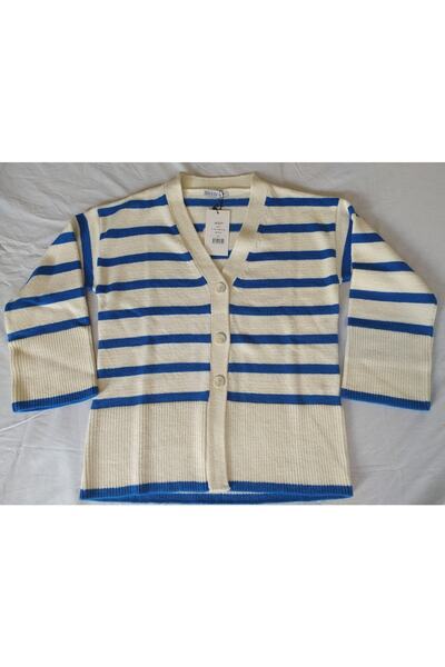 Dilvin 60149 V-подібний комір, смугастий кардиган-сакс