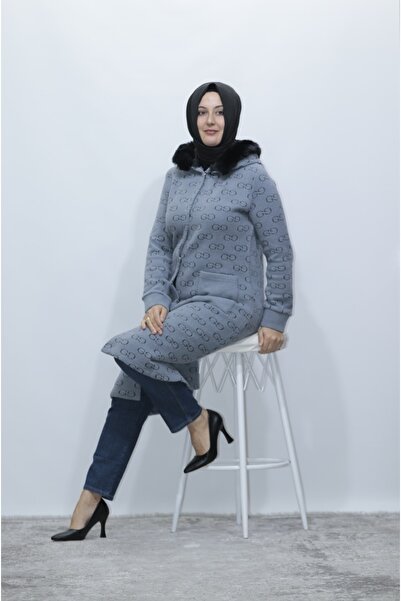 Zey&Ka Butik Sapphire Cashmere Hooded Platinum Knitwear Jacket Coat