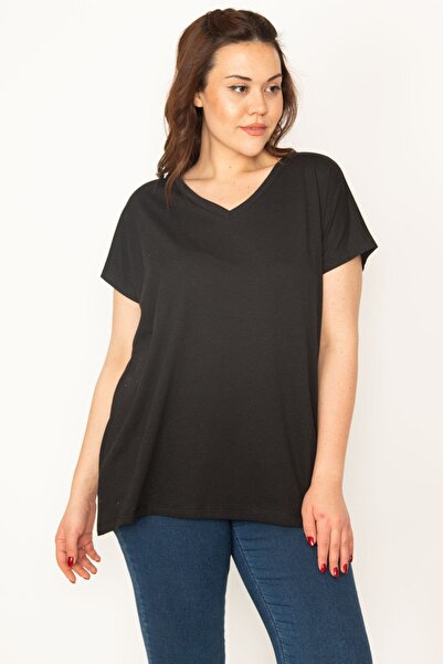 Şans Γυναικεία μπλούζα σε μεγάλο μέγεθος Μαύρη βασική λαιμόκοψη σε V με σκισίματα στο πλάι 65n35506