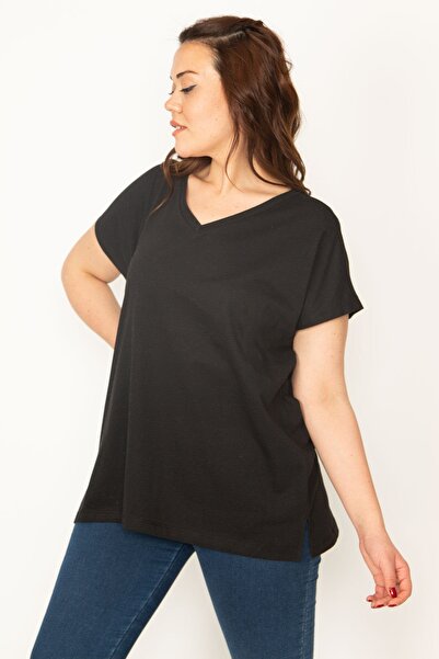 Şans Γυναικεία μπλούζα σε μεγάλο μέγεθος Μαύρη βασική λαιμόκοψη σε V με σκισίματα στο πλάι 65n35506