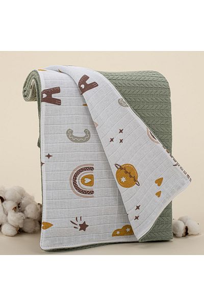 Yunikobaby Double Sided Pique Baby Blanket - Dark Green Knitted - Galaxy And Letters