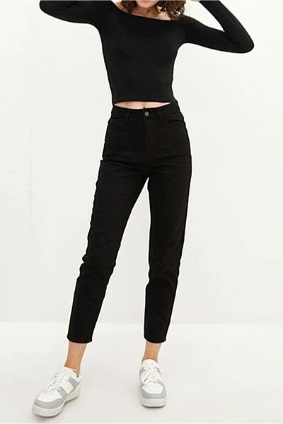 Trn JNS Pantaloni negri Colorfast Mom Jean pentru femei Boyfriend cu talie înaltă Power Lycra