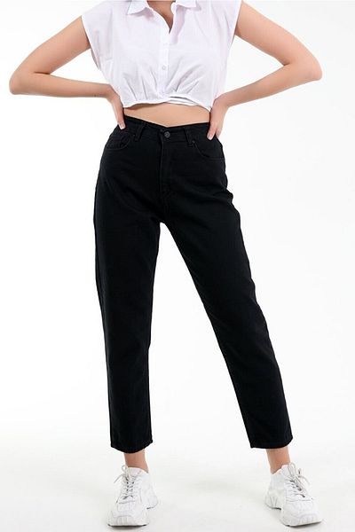 Trn JNS Carmina Black Colorfast Mom Jean Pantaloni de damă Boyfriend cu talie înaltă Power Lycra
