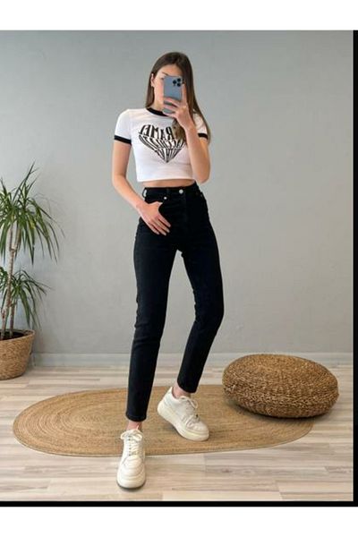 Trn JNS Enrica Black Colorfast Mom Jean Women Boyfriend Pantaloni Power Lycra cu talie înaltă