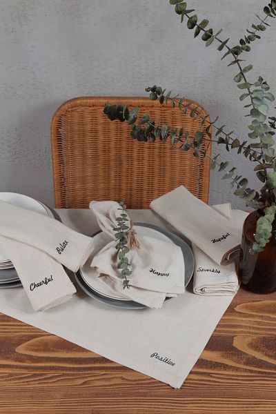 cotton maison Φυσική χαρτοπετσέτα 6 τεμαχίων Motto κεντημένο βαμβακερό λινό αυθεντικό 45x45 cm